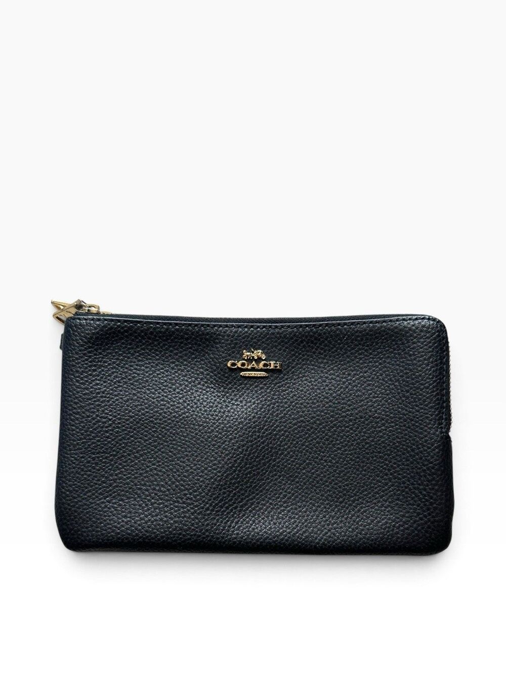 Coach Black Double Zip Wallet Black Pebble Leather with Gold Hardware